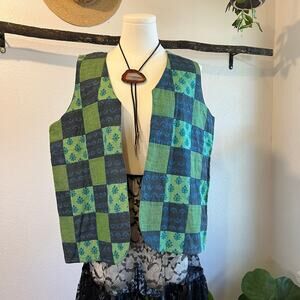 Handmade Cotton Arch Green Square Patchwork Open Style Vest Top Size Medium